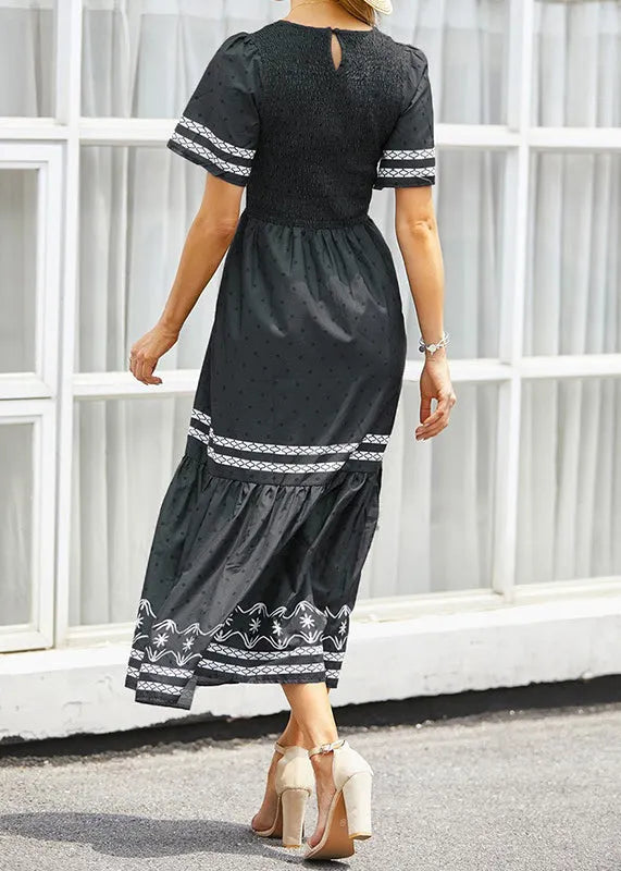 Original Black O Neck Print Dot Cotton Long Dresses Summer