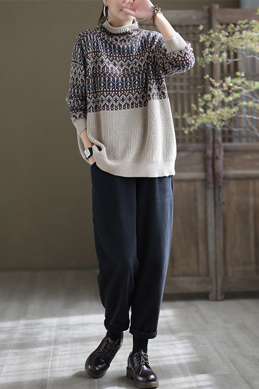 Retro Loose Cotton Sweater Half High Neck Sweater
