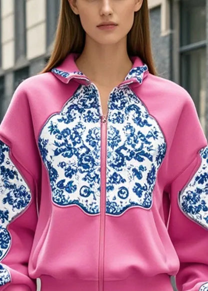 Boutique Rose Zippered Patchwork Print Cotton Coat Fall