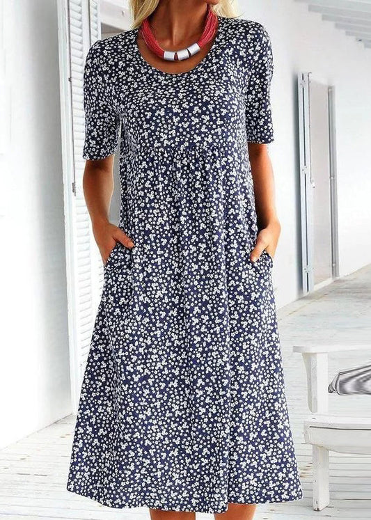 Navy O Neck Print Pockets Cotton Long Dress Summer