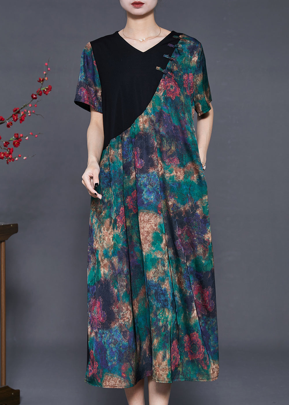 Green Tie Dye Patchwork Silk Oriental Dress Summer
