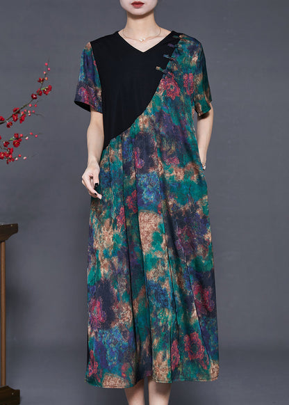 Green Tie Dye Patchwork Silk Oriental Dress Summer