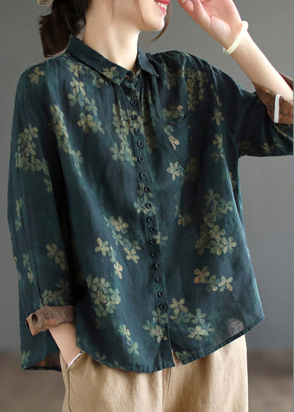 Dark Blue Peter Pan Collar Print Linen Shirt Long Sleeve