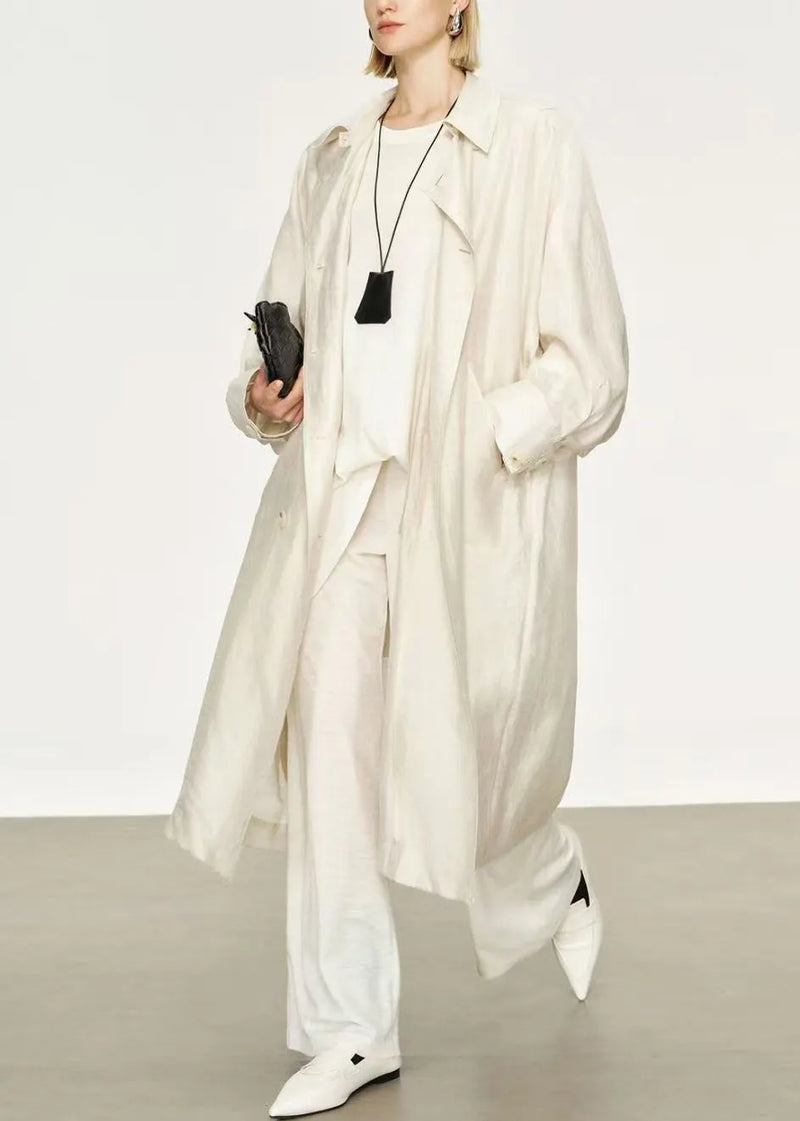 White Pockets Thin Linen Silk Long Trench Coats Peter Pan Collar Batwing Sleeve