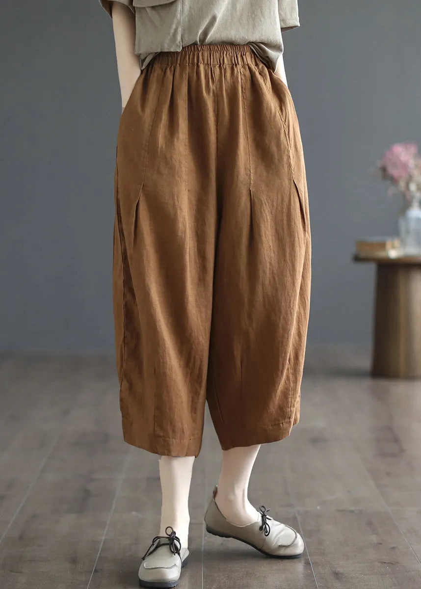 Army Green Pockets Elastic Waist Cozy Linen Wide Leg Pants Summer