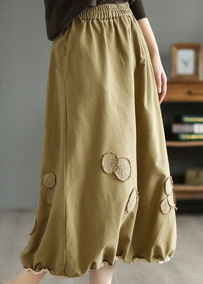 Handmade Khaki Embroidered Elastic Waist Patchwork Cotton Skirts Spring