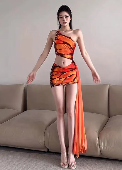 Hot Style Orange Print Asymmetrical Slim Fit One Shoulder Dress