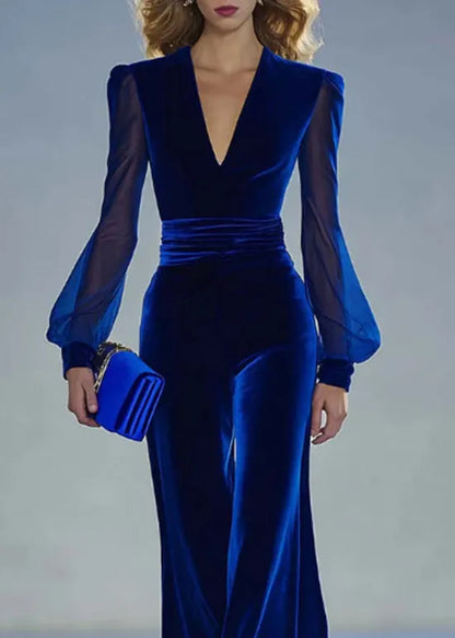 Classy Blue V Neck Patchwork Velvet Jumpsuits Fall