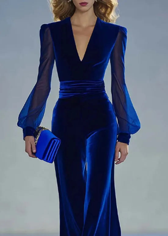Classy Blue V Neck Patchwork Velvet Jumpsuits Fall