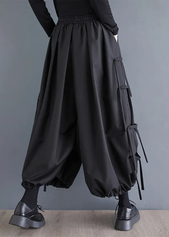 Black Tasseled Oversized Cotton Harem Pants Spring
