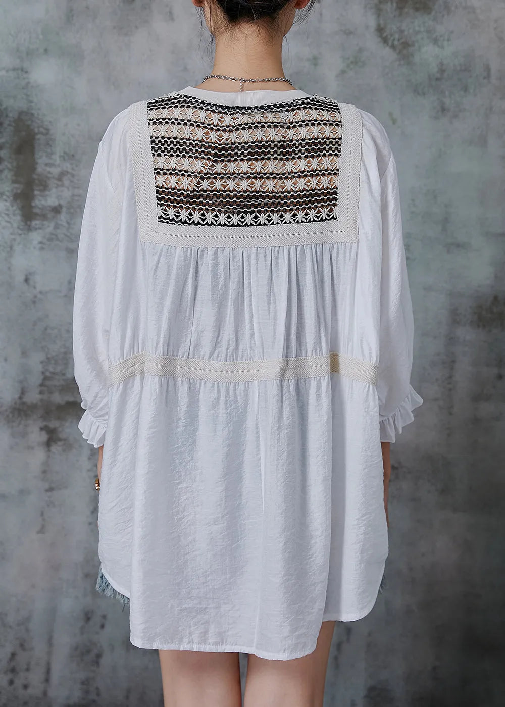 White Oversized Patchwork Cotton Tops Bracelet Sleeve