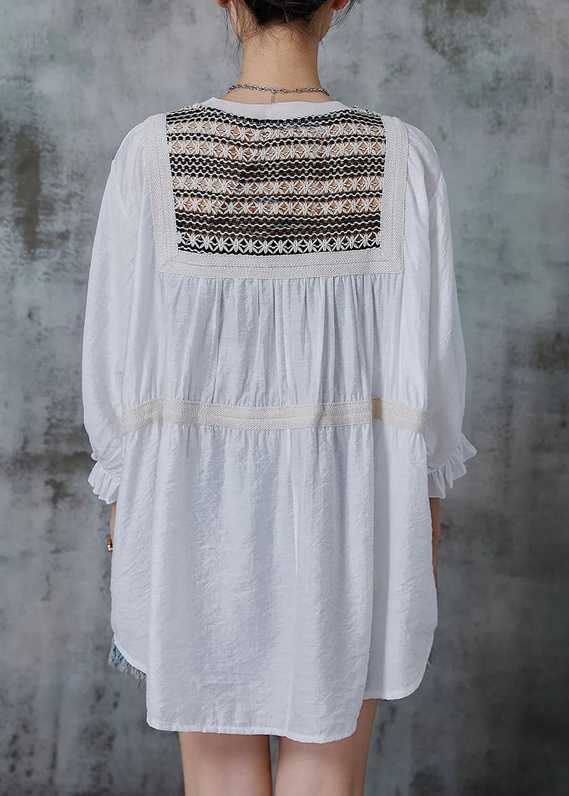 White Oversized Patchwork Cotton Tops Bracelet Sleeve