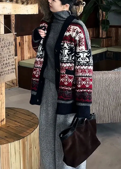 Boutique Red V Neck Jacquard Knit Cardigan Spring