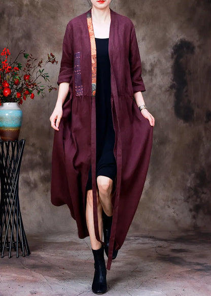 Handmade Purple V Neck Embroideried Patchwork Tie Waist Linen Cardigans Half Sleeve
