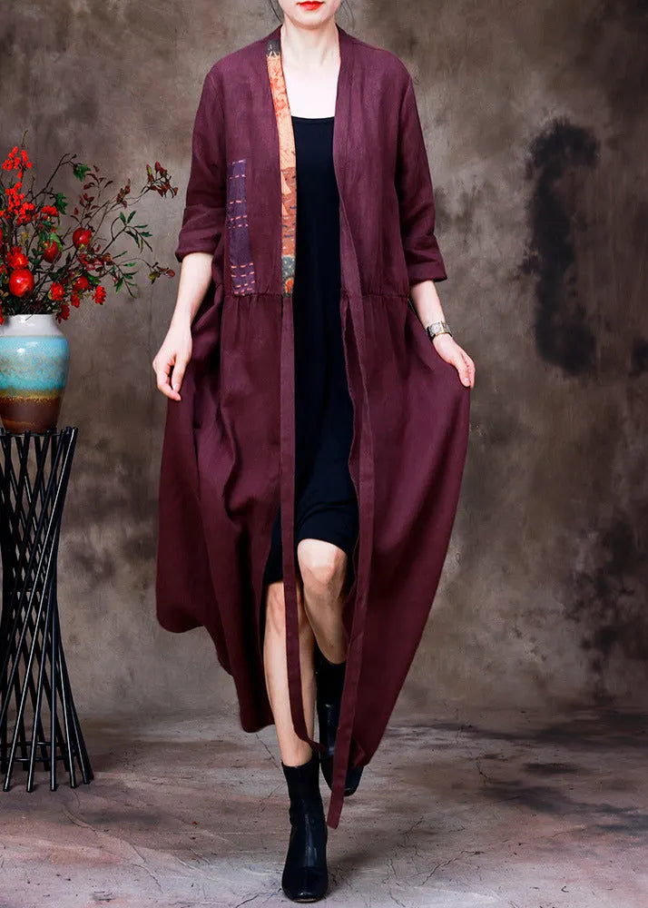 Handmade Purple V Neck Embroideried Patchwork Tie Waist Linen Cardigans Half Sleeve