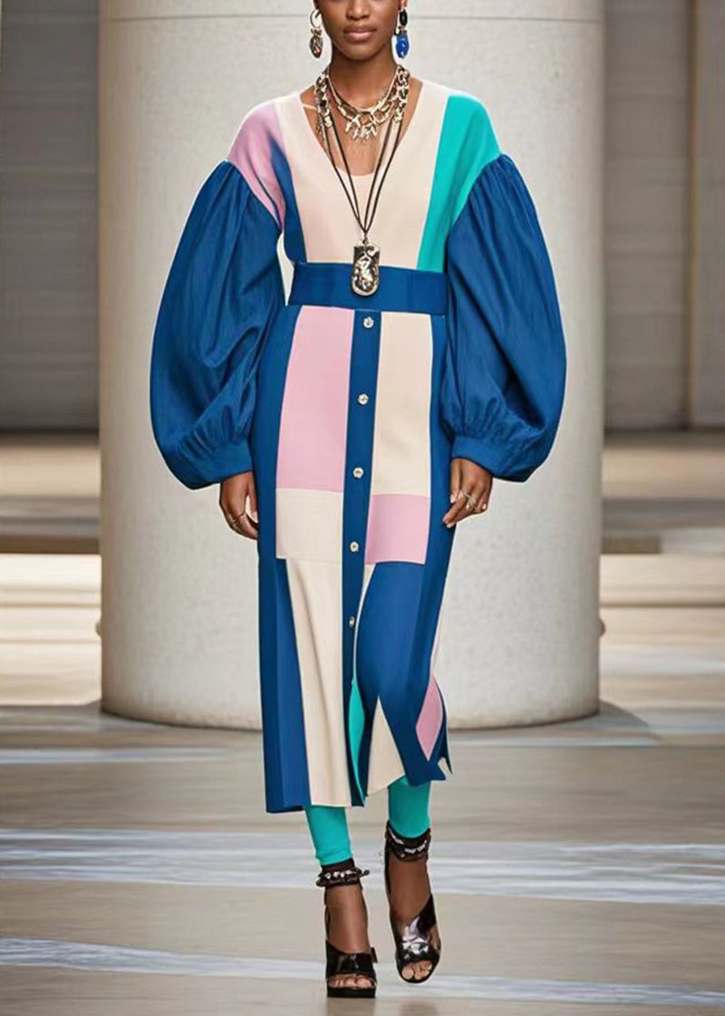 Blue O-neck Patchwork Cotton Dresses Lantern Sleeve