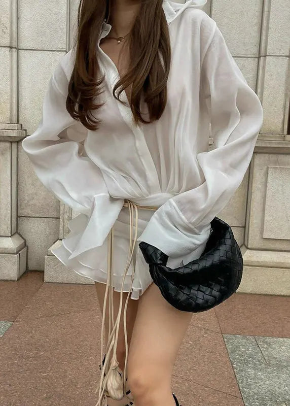 French White Ruffled Patchwork Chiffon Shirts Dress Fall