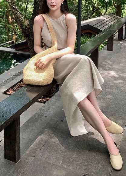 Beige Side Open Linen Ankle Dress Summer