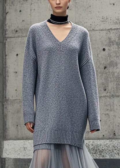 Grey V Neck Patchwork Tulle Knitwear Dress Winter