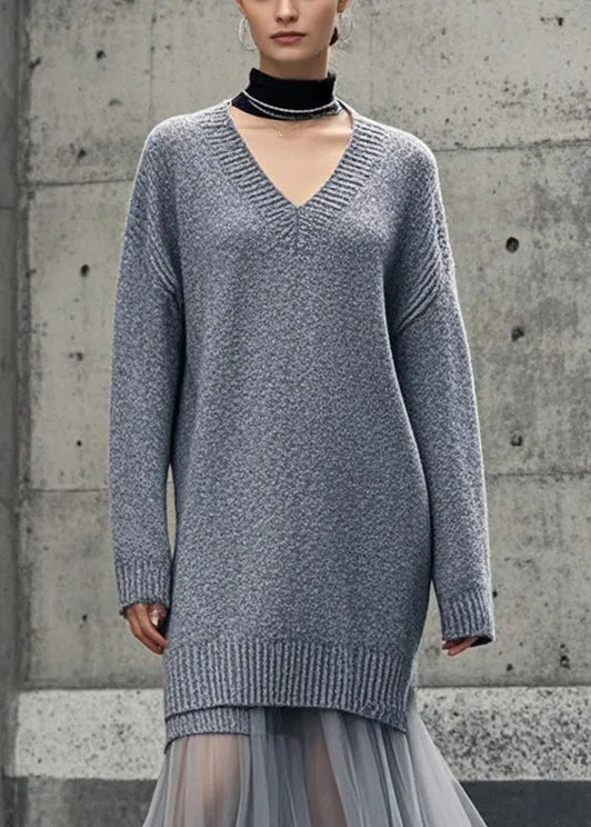 Grey V Neck Patchwork Tulle Knitwear Dress Winter