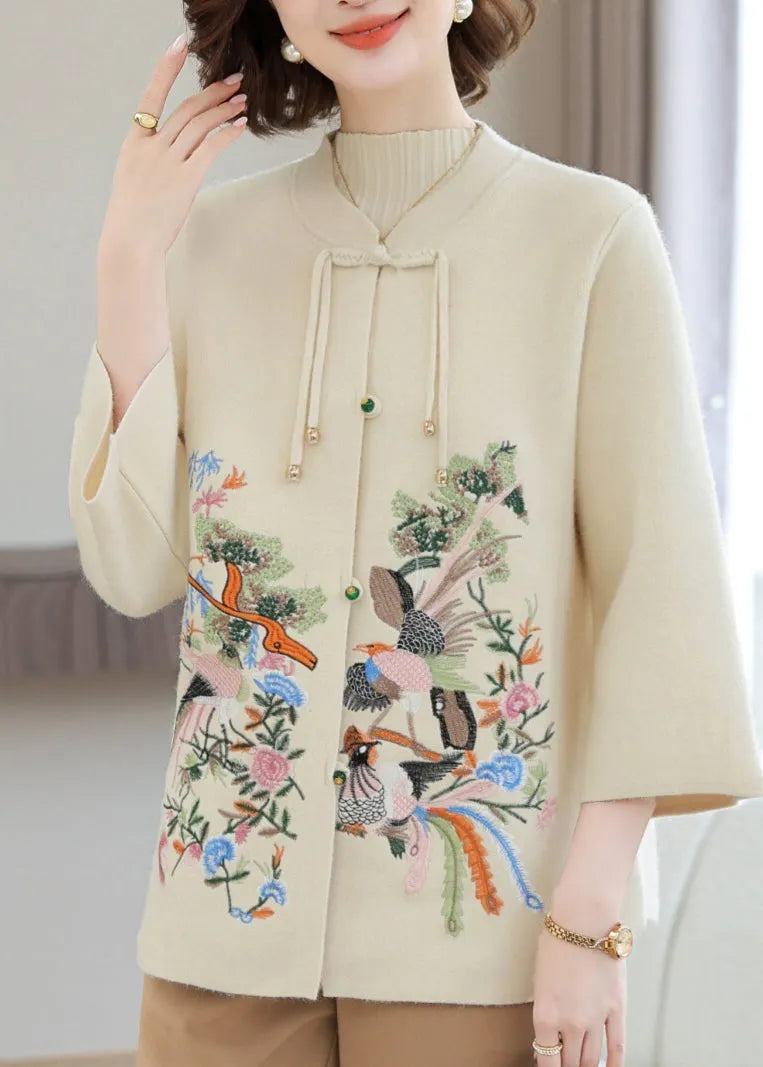 Stylish Beige O-neck Patchwork Wool Knit Cardigans Spring