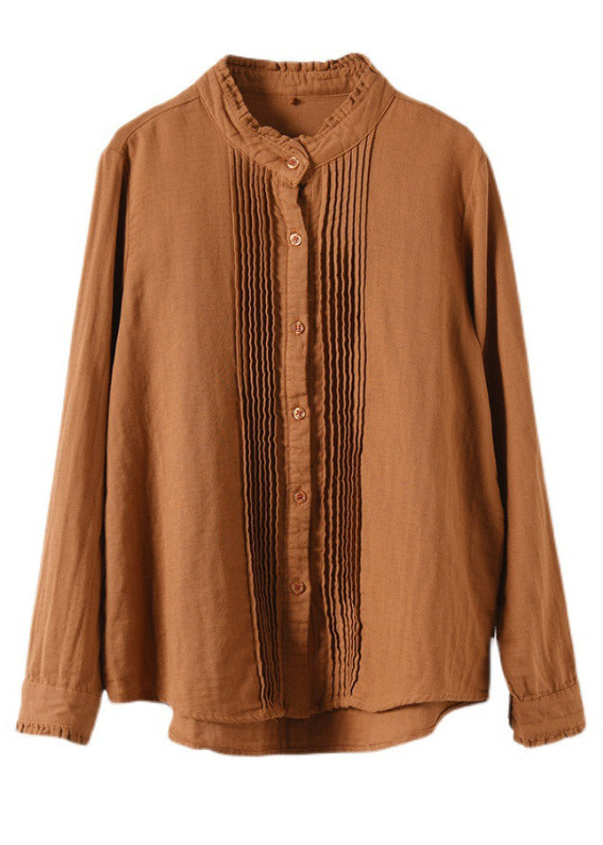 Caramel Stand Collar Button Cotton Shirt Long Sleeve