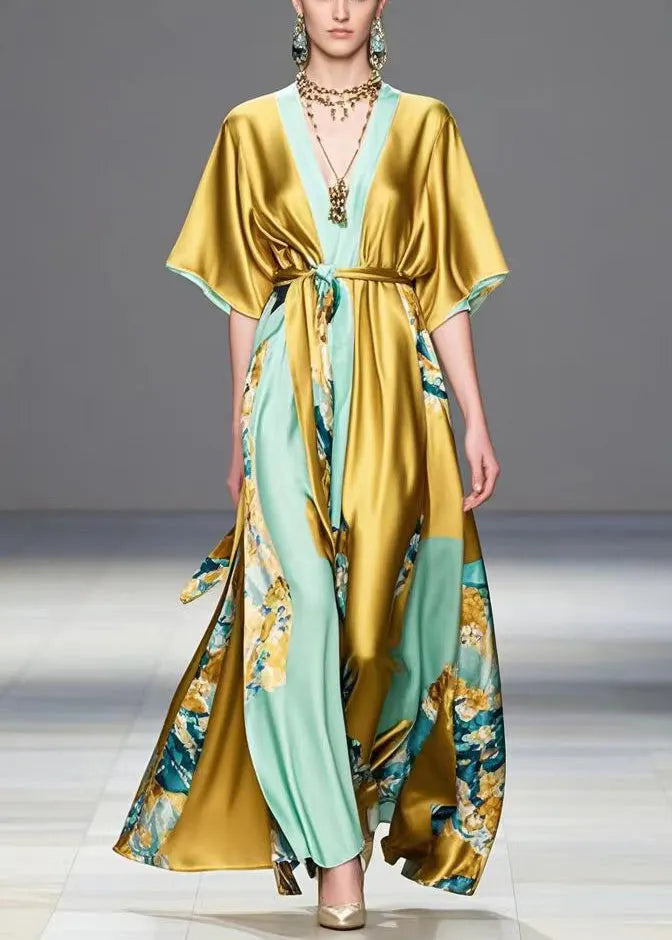 Diy Golden Tie Waist Print Silk Maxi Dress Summer