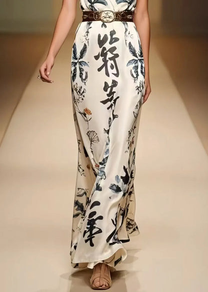 White Cinched Print Silk Dress Sleeveless