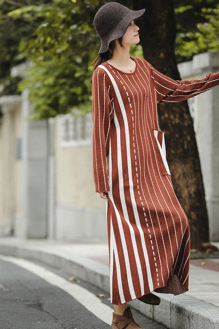Brown Striped Maxi Sweater Dresses for