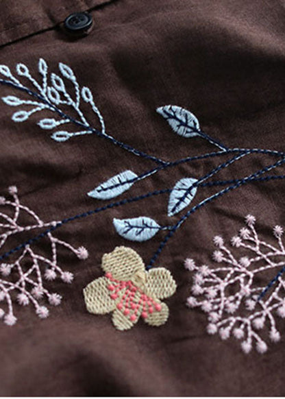 Chocolate O-neck Embroidered Patchwork Linen Shirt Tops Long Sleeve