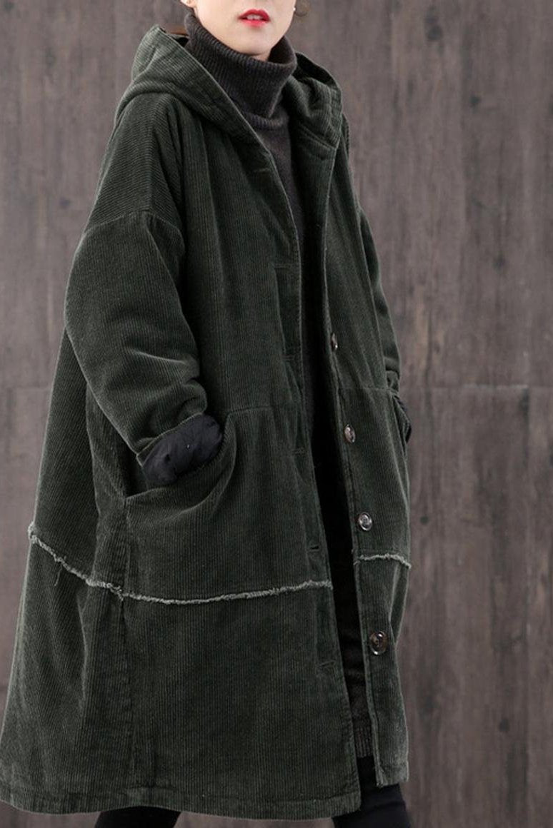 Winter Long Retro Corduroy Hooded Coat