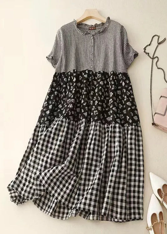 Diy Plaid Ruffled Print Patchwork Cotton Dress Summer