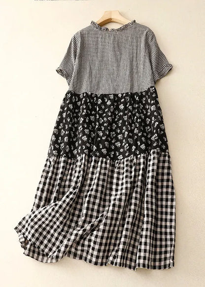 Diy Plaid Ruffled Print Patchwork Cotton Dress Summer