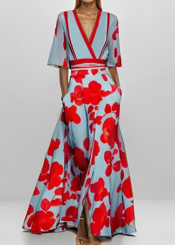 Red V-neck Printp Exra Large Hem Dress Summer