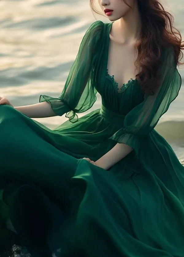 Modern Green V Neck Exra Large Hem Chiffon Maxi Dress Spring