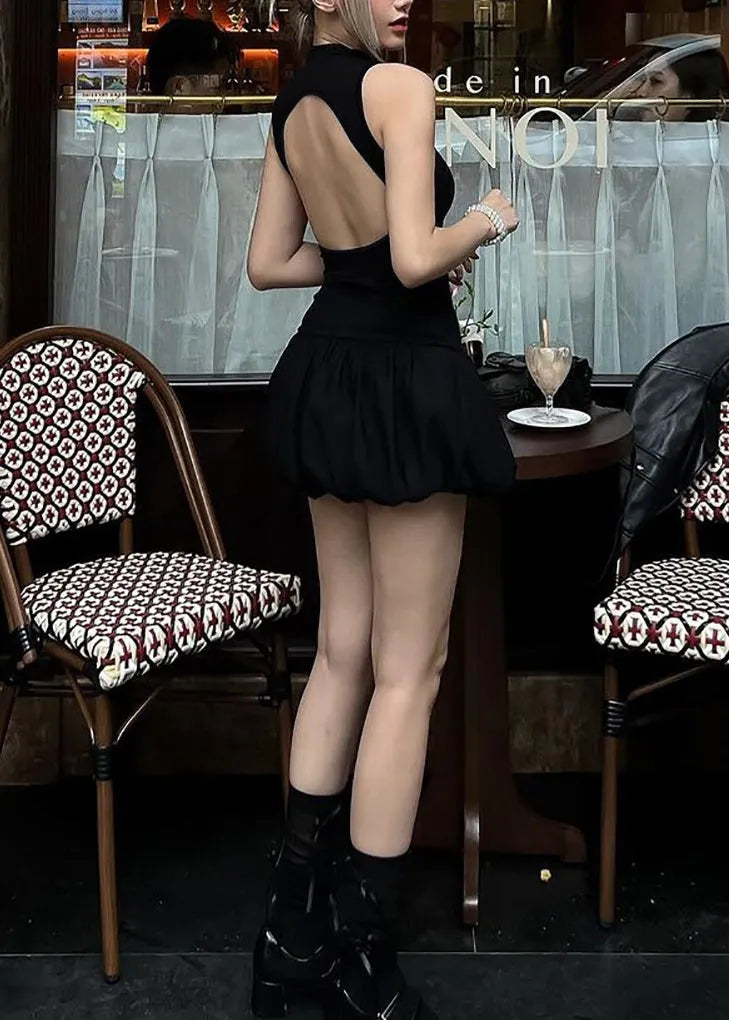 Black Hollow Out Backless Patchwork Cotton Dress Sleeveless