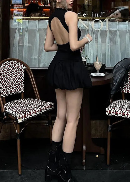 Black Hollow Out Backless Patchwork Cotton Dress Sleeveless