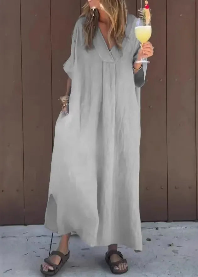 Blue V Neck Pockets Cotton Dresses Summer