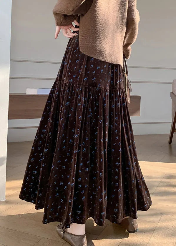 French Coffee Wrinkled Elastic Waist Velvet Skirts Winter