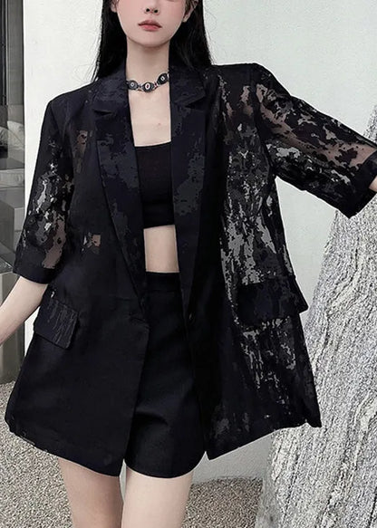 Loose Black Pockets Back Side Open Thin Cotton Coat Summer