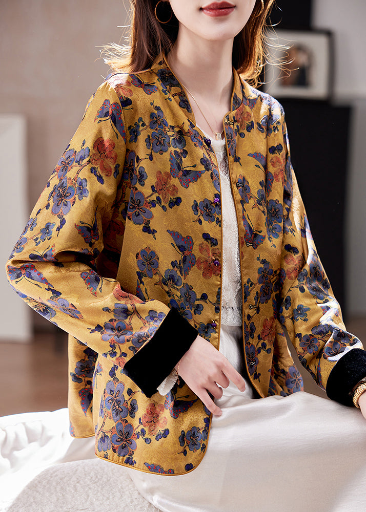 Chinese Style Yellow Stand Collar Jacquard Silk Coats Spring