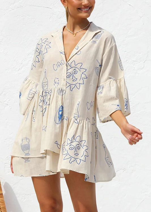 New Apricot Asymmetrical Print Patchwork Short Cotton Shirts Dress Summer