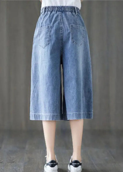 Denim Blue Elastic Waist Embroidered Cotton Wide Leg Pants Summer