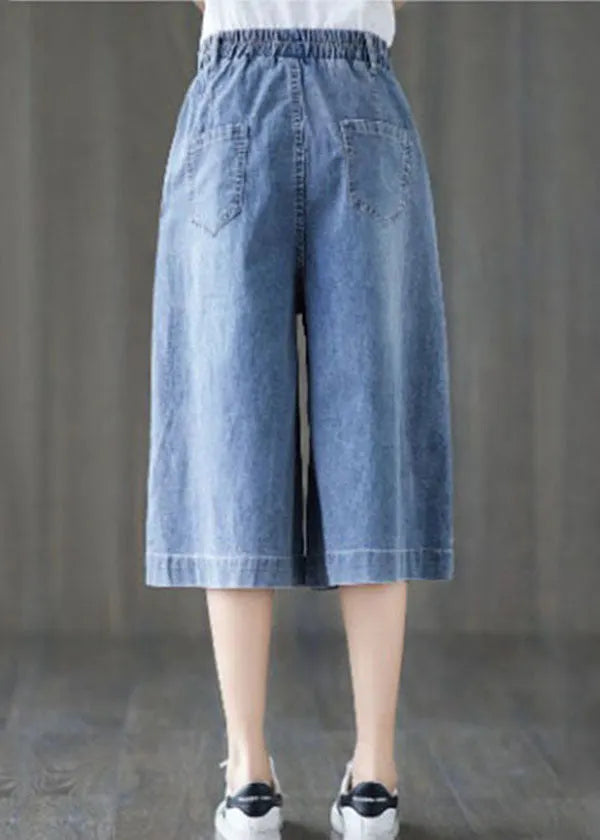 Denim Blue Elastic Waist Embroidered Cotton Wide Leg Pants Summer