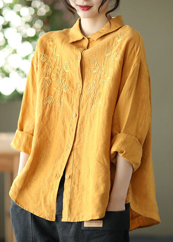 Simple Yellow Button Peter Pan Collar Embroidered Linen Blouse Top Long Sleeve