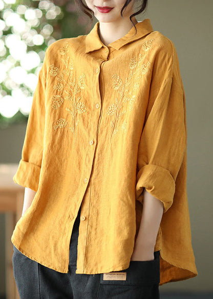 Simple Yellow Button Peter Pan Collar Embroidered Linen Blouse Top Long Sleeve