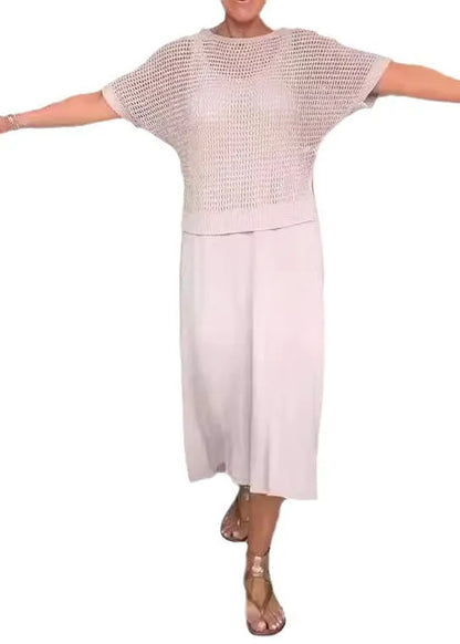 Apricot Knit Top and Spaghetti Strap Dress Two-piece Set Summer