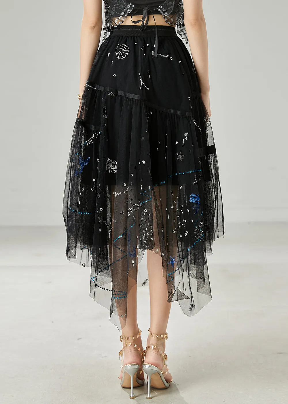 Black Sequins Rhinestone Tulle Skirts Summer