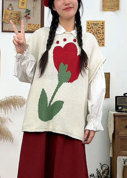 White Print Knit Waistcoat Short Sleeveless