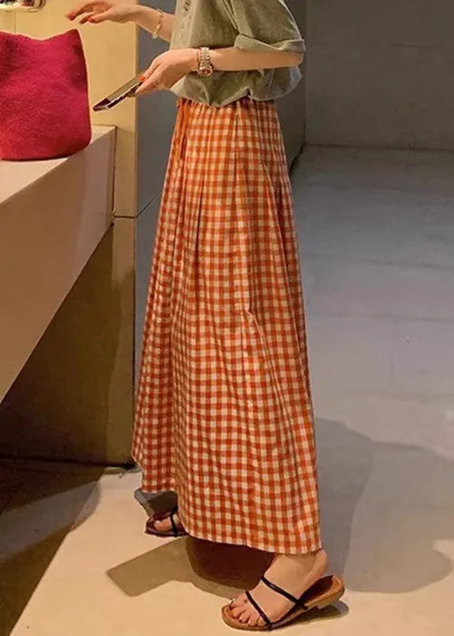 Red Pockets Drawstring Cotton Crop Pants Plaid Summer